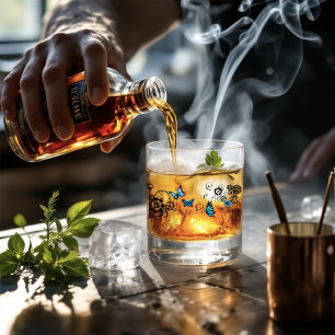 Vaso De Whiskey Tribal Steampunk Mariposas Azules Engranajes Remol