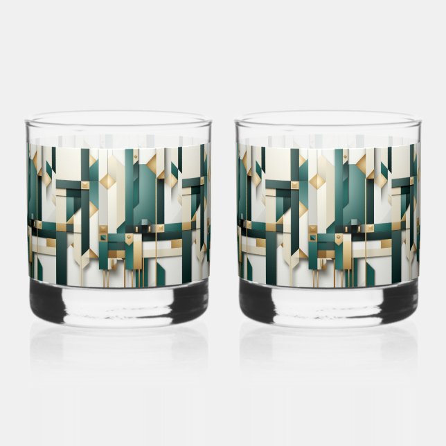 Vaso De Whiskey Turquesa Negro Blanco Oro Moderno Geométrico  (Anverso)