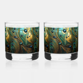 Vaso De Whiskey Vidrio Artístico Turquesa Oro Verde Abstracto