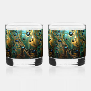 Vaso De Whiskey Vidrio Artístico Turquesa Oro Verde Abstracto