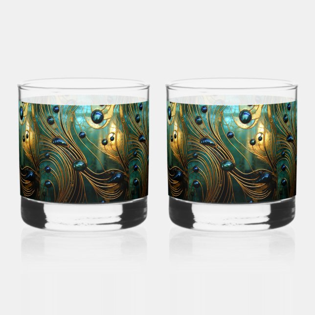 Vaso De Whiskey Vidrio Artístico Turquesa Oro Verde Abstracto (Anverso)