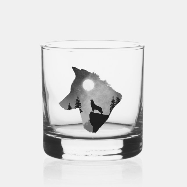 Vaso De Whiskey Wolf Howling en la silueta lunar personalizada (Anverso)