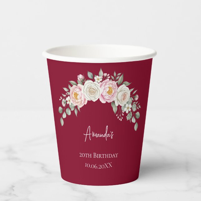Vaso desechable personalizado con flores rosadas e (Anverso)