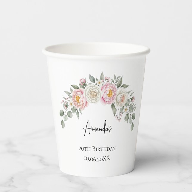 Vaso desechable personalizado con flores rosadas e (Reverso )