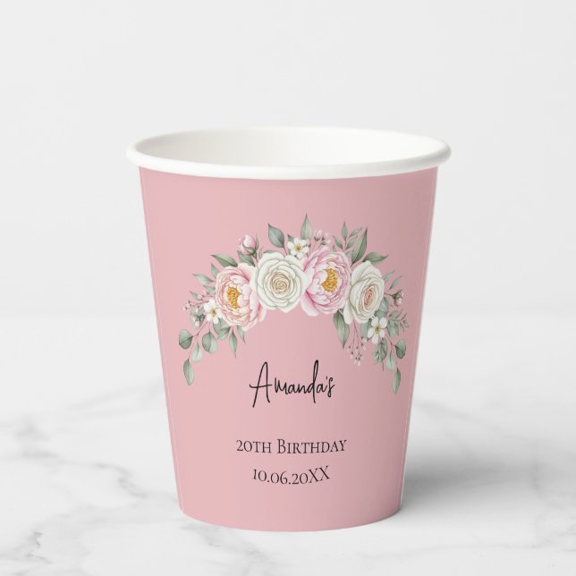 Vaso desechable personalizado con flores rosadas e (Reverso )