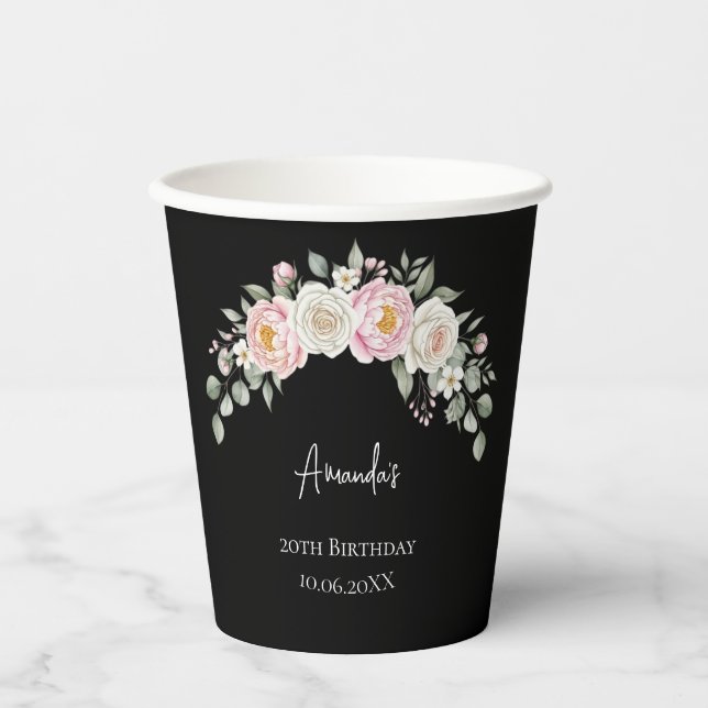Vaso desechable personalizado con flores rosadas e (Anverso)