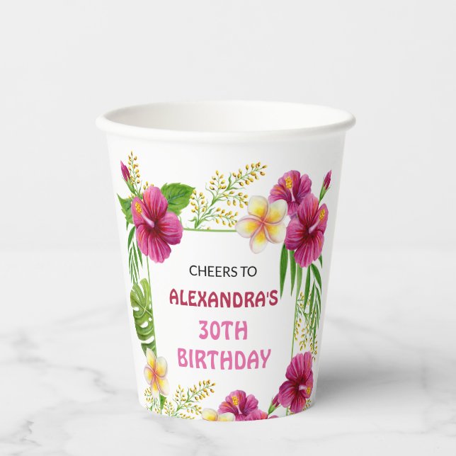 Vasos de fiesta de cumpleaños flor tropical rosa l (Anverso)