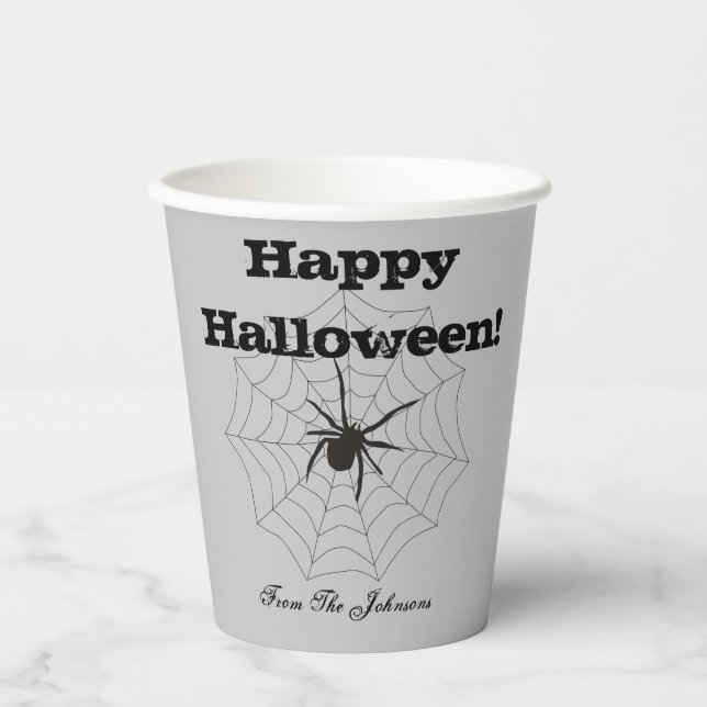 Vasos de Halloween de papel gris araña negra (Anverso)