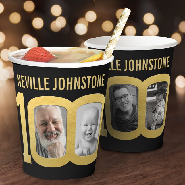 Vasos De Papel 100th birthday custom two photo black and gold (Subido por el creador)