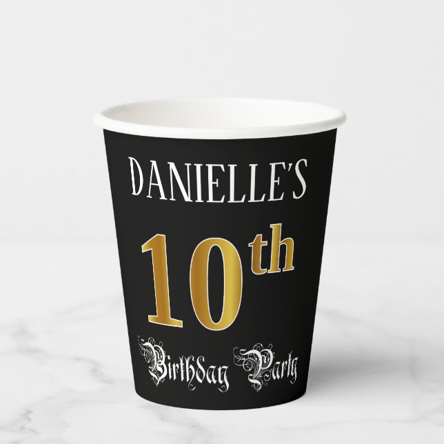Vasos De Papel 10.ª Fiesta de Cumpleaños — Fancy Script, Faux Gol (Anverso)