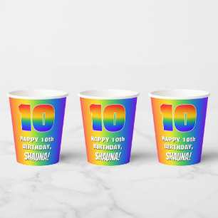 Vasos De Papel 10.º cumpleaños: Patrón arcoiris colorido y div