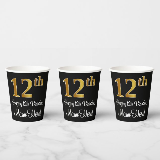 Vasos De Papel 12 Aniversario - Elegante Lujoso Faux Gold Look # (Multi)