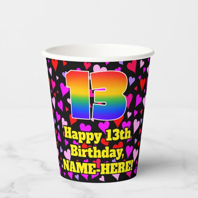 Vasos De Papel 13th Birthday: Loving Hearts Pattern, Rainbow 13 (Anverso)