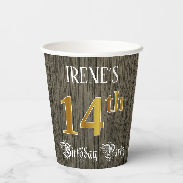 Vasos De Papel 14ª Fiesta de Cumpleaños — Luces de Faux Gold y Fa (Reverso )