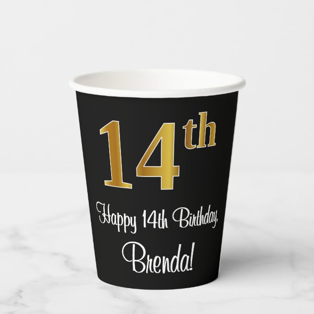 Vasos De Papel 14 Aniversario - Elegante Lujoso Faux Gold Look # (Reverso )