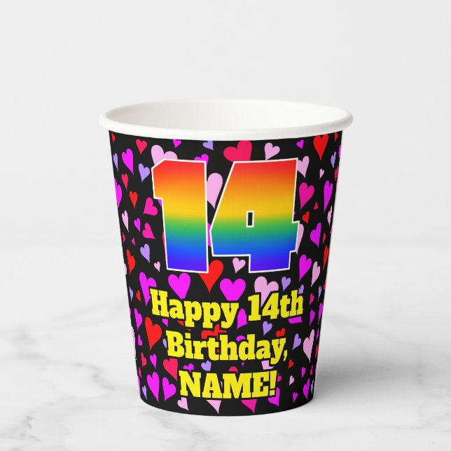 Vasos De Papel 14th Birthday: Loving Hearts Pattern, Rainbow 14 (Reverso )