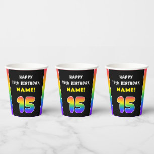 Vasos De Papel 15º cumpleaños: arcoiris colorido # 15, nombre per