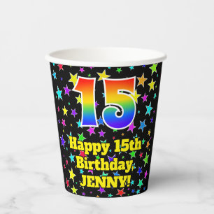 Vasos De Papel 15° cumpleaños: Patrón de estrellas divertidas y a