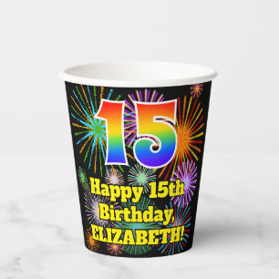 Vasos De Papel 15° cumpleaños: Patrón de fuegos artificiales dive