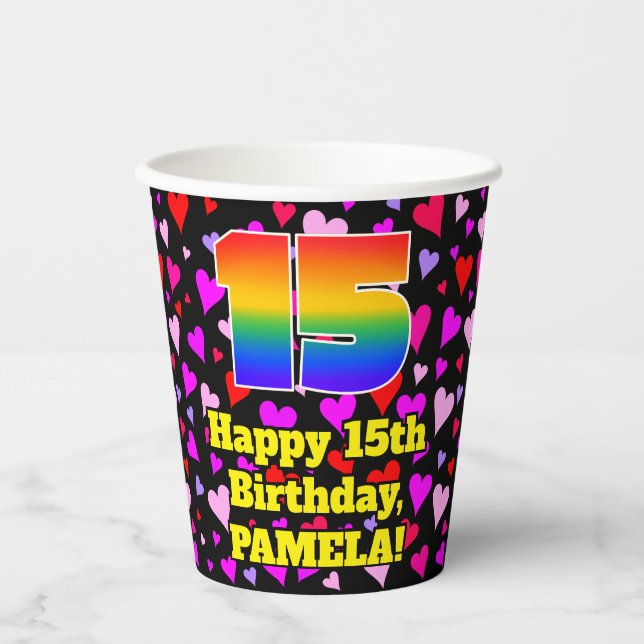 Vasos De Papel 15th Birthday: Loving Hearts Pattern, Rainbow 15 (Anverso)