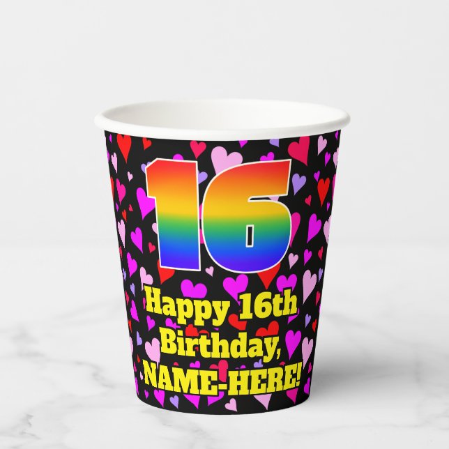 Vasos De Papel 16th Birthday: Loving Hearts Pattern, Rainbow 16 (Anverso)