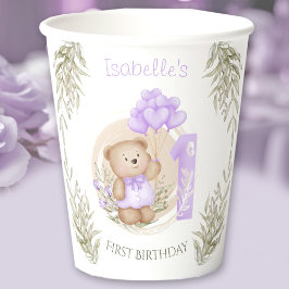Vasos De Papel 1.ª Chica de cumpleaños Cute Teddy Bear Purple