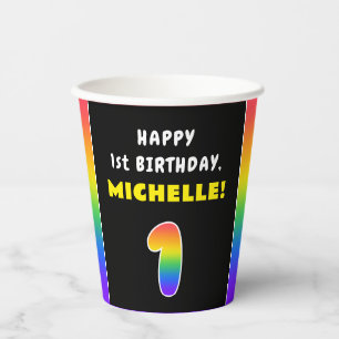 Vasos De Papel 1.ᵉʳ cumpleaños: arcoiris colorido # 1, nombre per