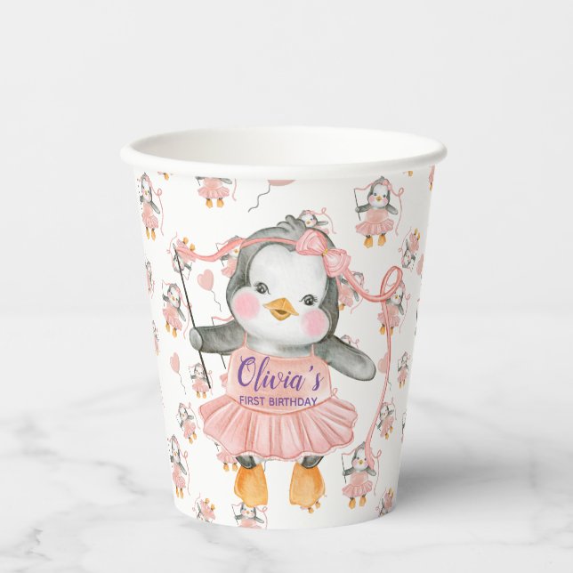 Vasos De Papel 1.ᵉʳ cumpleaños Ballerina Pingüino Rosa (Anverso)