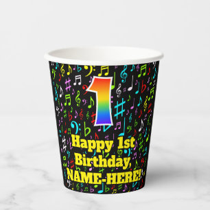 Vasos De Papel 1.ᵉʳ cumpleaños: Patrón de notas de música diverti