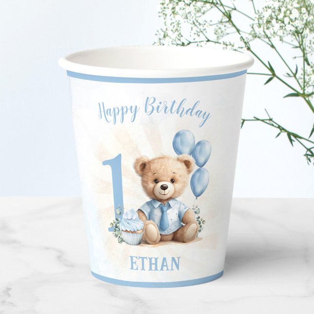 Vasos De Papel 1.ᵉʳ cumpleaños Teddy Bear Fiesta Cubos de papel (1st Birthday Teddy Bear Party Paper cups)