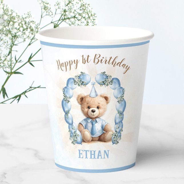 Vasos De Papel 1.ᵉʳ Nacimiento Cute Teddy Oso Globos Azules (1st Birthday Boy Cute Teddy Bear Blue Balloons Paper Cups)