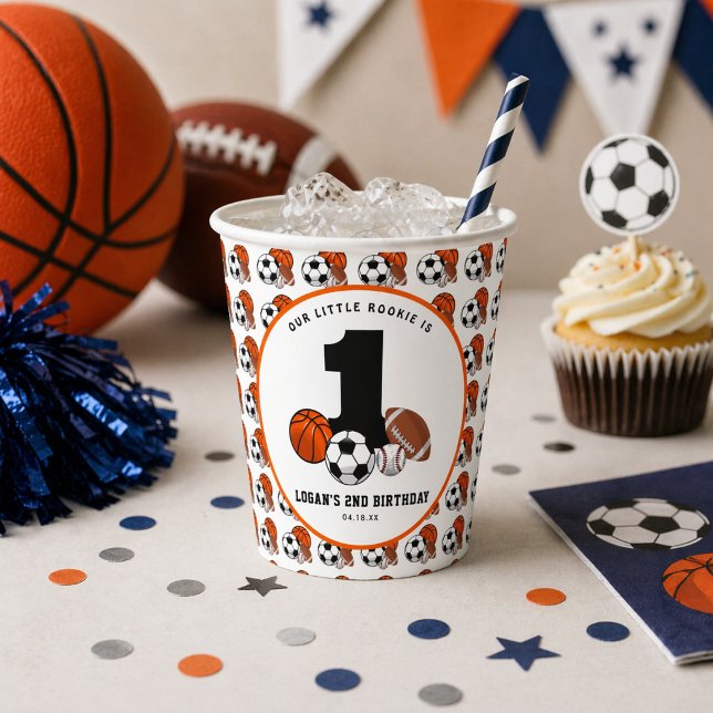 Vasos De Papel 1 Tema de Deportes con Pelota Cumpleaños del Niño  (1 Ball Sports Theme Boy’s 1st Birthday Paper Cups)