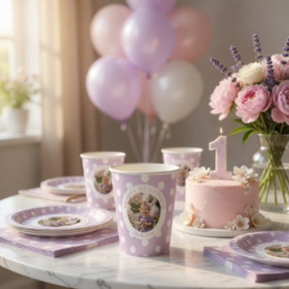 Vasos De Papel 1st Birthday Photo & Purple Polka Dot