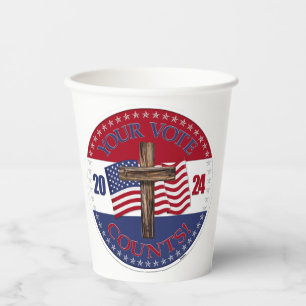 Vasos De Papel 2024 Su voto cuenta con la bandera de Cross y USA
