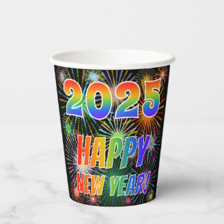 Vasos De Papel 2025 FELIZ AÑO NUEVO!, colorido patrón de fuegos a