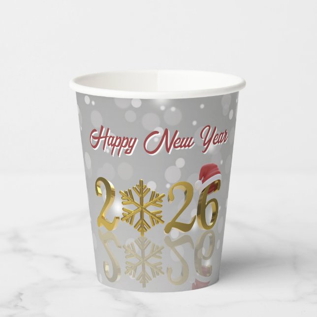 Vasos De Papel 2026 Golden New Year with Snowflake and Santa Hat (Izquierda)