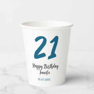Vasos De Papel 21 cumpleaños negrita letra azul simple mínimo