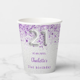 Vasos De Papel 21 cumpleaños nombre de purpurina púrpura de plata