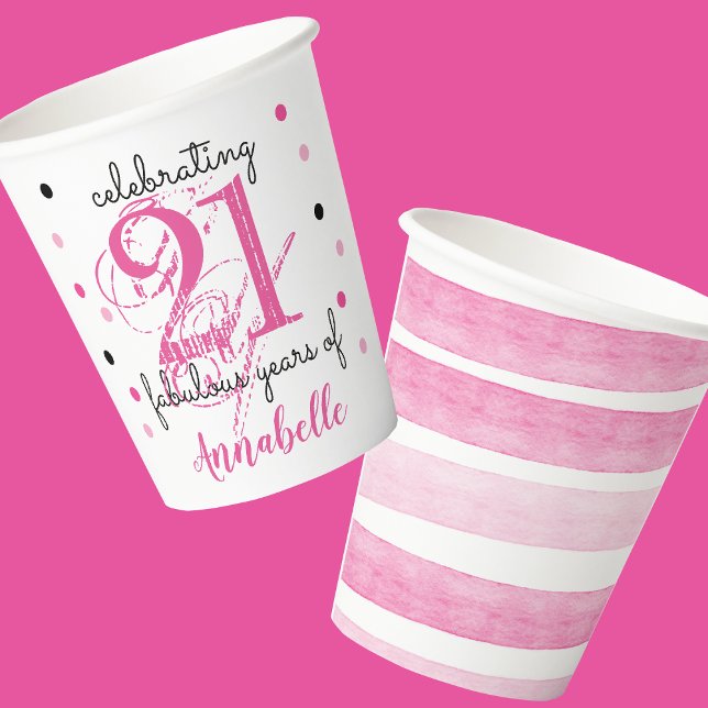 Vasos De Papel 21 cumpleaños PINK 21 años fabulosos Cubos de pape (Depiction of Front and Back of Paper Cup)