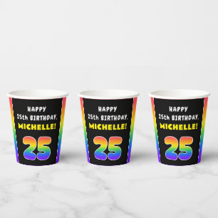 Vasos De Papel 25º cumpleaños: arcoiris colorido # 25, nombre per
