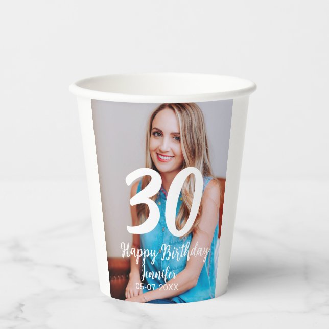 Vasos De Papel 30.º cumpleaños añadir nombre fecha año foto blanc (Anverso)