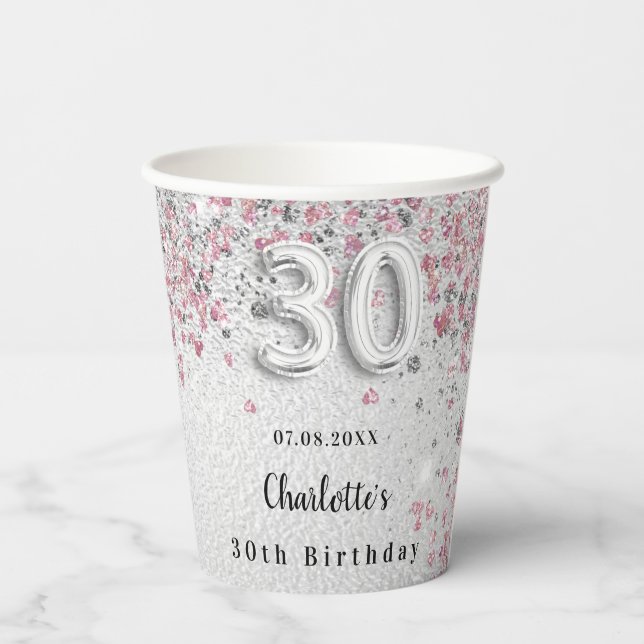 Vasos De Papel 30.º nombre rosa plateado de cumpleaños (Reverso )