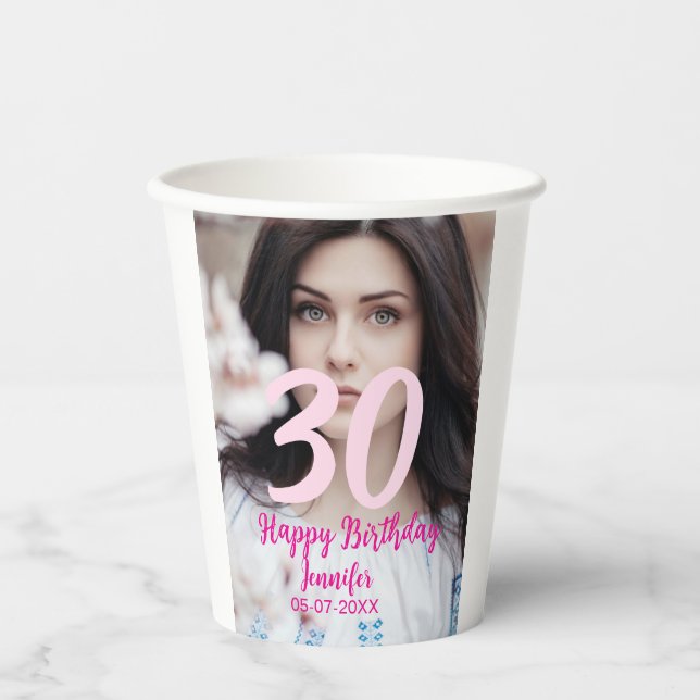 Vasos De Papel 30th birthday add name date year white photo (Anverso)