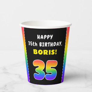 Vasos De Papel 35º cumpleaños: arcoiris colorido # 35, nombre per