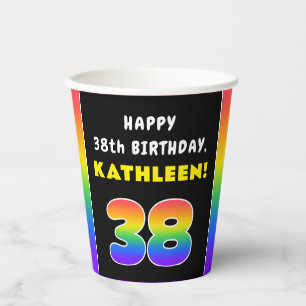 Vasos De Papel 38º cumpleaños: arcoiris colorido # 38, nombre per