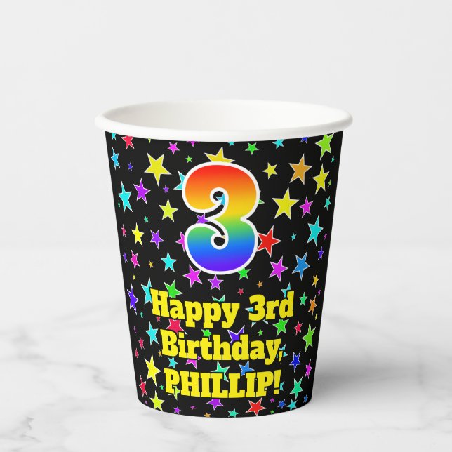 Vasos De Papel 3.ᵉʳ cumpleaños: Patrón de estrellas divertidas y  (Anverso)