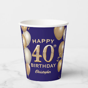 Vasos De Papel 40.º Fiesta de cumpleaños Globos azules y de oro