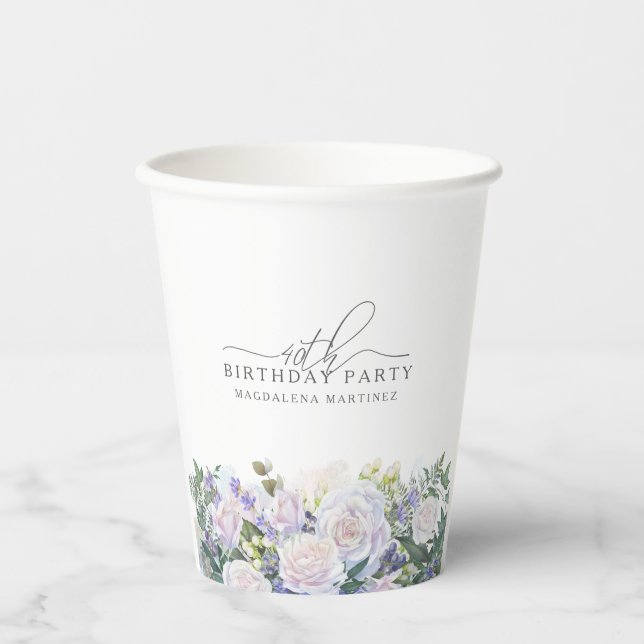 Vasos De Papel 40.º Fiesta de cumpleaños Personalizado Floral Bla (Anverso)
