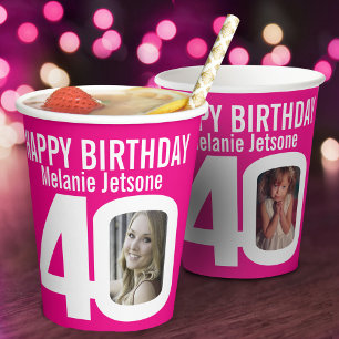 Vasos De Papel 40 personalizado de cumpleaños dos foto rosa blanc
