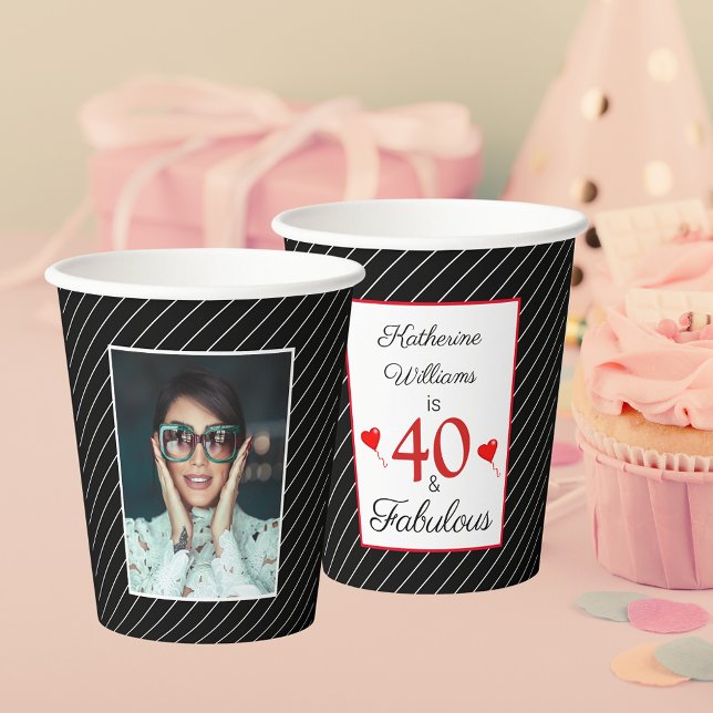 Vasos De Papel 40 y fabulosa foto de cumpleaños número 40 en blan (40 & Fabulous 40th Birthday Photo Black & White Paper Cups)